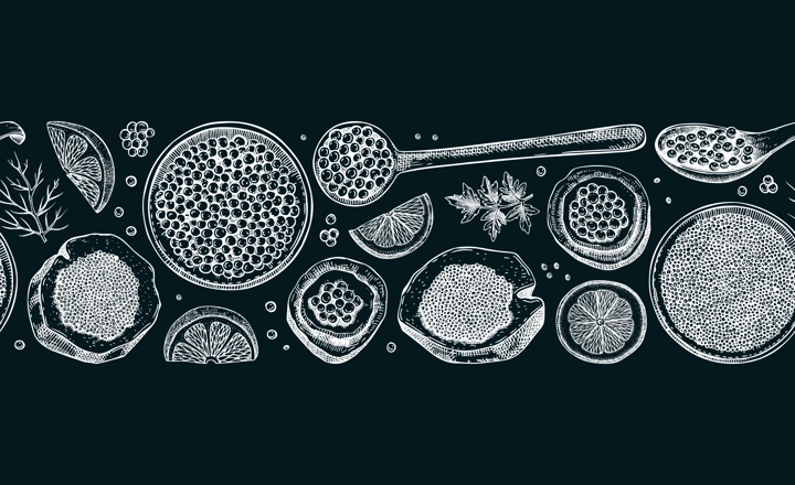 Seafood background  with red caviar canape, canned black caviar, lemons sketches on chalkboard. Sea delicacy banner for restaurant menu or finger food party. Hand drawn tinned fish seamless pattern